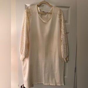 Nina Leonard Cream Long Sleeve Dress with Lace